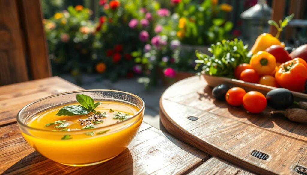 A rustic wooden table adorned with a vibrant bowl of homemade dressing for pasta salad, featuring a blend of olive oil, balsamic vinegar, minced garlic, chopped fresh basil, and a sprinkle of fresh black pepper. The dressing's rich golden color reflects the warm sunlight streaming in from a nearby window, casting soft shadows that enhance the textures. In the background, a picturesque summer garden is visible, with colorful flowers and green foliage suggesting a lively BBQ atmosphere. On one side of the table, fresh ingredients like cherry tomatoes, bell peppers, and olives are artistically arranged, evoking a sense of freshness and culinary creativity. The image should have a warm, inviting mood, captured at a close angle to emphasize the details of the dressing and the inviting summery setting.
