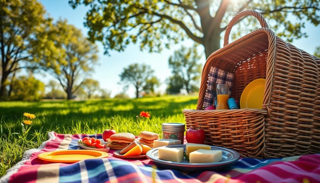 A serene outdoor setting with a vibrant blanket spread on lush green grass under a bright blue sky. In the foreground, a wicker picnic basket, half-open, showcasing a colorful assortment of delicious picnic foods: freshly cut fruits, artisanal cheeses, and homemade sandwiches neatly arranged. There are brightly colored plates and utensils nearby, gleaming in the sunlight. In the middle ground, light filtering through leafy trees creates a dappled effect, enhancing the warm, inviting atmosphere. Soft shadows add depth, while a gentle breeze rustles nearby flowers. Capture the essence of a joyful summer picnic, evoking feelings of relaxation and togetherness, with a close-up perspective that draws the viewer into the scene.