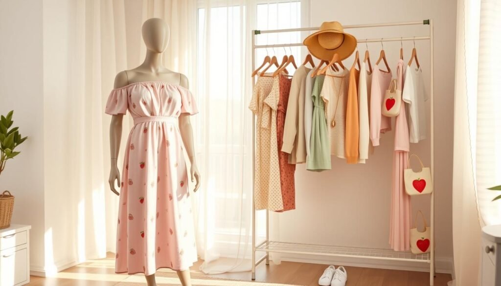 A serene scene showcasing an effortless wardrobe inspired by the strawberry shortcake aesthetic. In the foreground, a stylish mannequin dressed in a pastel pink off-shoulder dress adorned with subtle strawberry patterns, paired with a light green cardigan and white sneakers. The middle layer features a neatly organized wardrobe with soft pastel clothing, accessories like a cute straw hat and delicate jewelry, and whimsical elements such as strawberry-themed bags. In the background, a sunlit room with soft, diffused natural light filtering through sheer curtains, casting gentle shadows. The atmosphere is cheerful, playful, and inviting, embodying a fresh and effortless style that reflects the sweetness of strawberries, perfect for casual outings or picnics.