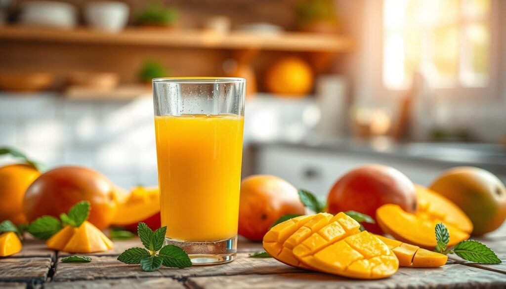 A vibrant, fresh scene showcasing the health benefits of homemade mango juice. In the foreground, a glass filled with bright, golden mango juice sits on a rustic wooden table, glistening with condensation. Surrounding the glass are whole, ripe mangoes and sliced pieces, displaying their rich orange flesh. A few scattered mint leaves add a pop of green. In the middle, a softly blurred backdrop reveals a sunny kitchen with softly glowing sunlight filtering through a window, casting warm shadows. The atmosphere is cheerful and inviting, evoking feelings of freshness and vitality. Focus on capturing the delicious texture of the juice and the natural beauty of the ingredients. The image should be bright and warm, utilizing natural light to emphasize the juice's freshness without any text or overlays.
