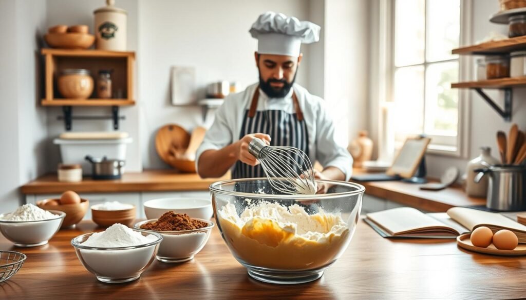 A vibrant kitchen scene showcasing various mixing techniques in baking science. In the foreground, an elegantly designed wooden countertop with bowls containing flour, sugar, cocoa powder, and eggs. A mixing bowl is in action, with a whisk and an electric mixer, illustrating the process of creaming butter and sugar. In the middle, a chef in a professional apron and a chef’s hat is attentively focused on mixing the ingredients, with a look of concentration. The background features a well-stocked pantry with baking essentials, spices, and an old cookbook open to a cake recipe. Soft natural light streams in from a window, creating a warm and inviting atmosphere, perfect for baking. The composition captures the essence of baking science with a blend of elegance and technique.