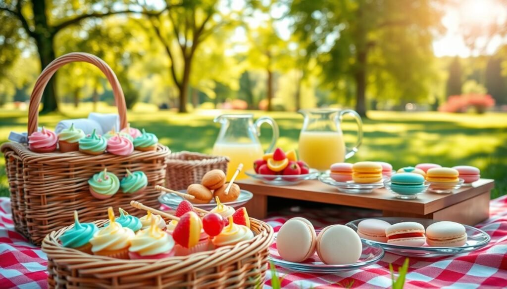 A vibrant picnic setting featuring an array of heavenly sweet treats, including colorful cupcakes with delicate frosting, fresh fruit skewers drizzled with honey, and elegantly arranged macarons in pastel shades. The foreground showcases a charming checkered picnic blanket with a wicker basket overflowing with goodies. In the middle ground, a beautifully set wooden picnic table displays a glass pitcher filled with lemonade and crystal-clear plates holding an assortment of treats. The background features a sunlit park with lush green trees and soft, fluffy clouds, creating a serene and inviting atmosphere. The scene is bathed in warm, golden sunlight, enhancing the overall cheerful mood. Use a shallow depth of field to focus on the treats, while softly blurring the background for a dreamy effect.