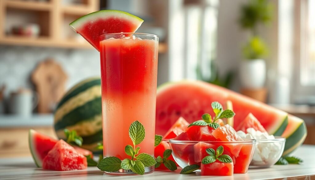 A vibrant still-life composition showcasing the nutritional benefits of watermelon juice. In the foreground, a tall, clear glass brimming with freshly squeezed watermelon juice, condensation glistening on its surface, accompanied by a slice of watermelon resting on the glass's rim. In the middle ground, a colorful arrangement of fresh watermelon cubes, mint leaves, and small bowls containing nutrients like vitamins A, C, and antioxidants, artistically displayed to highlight their importance. The background features a softly blurred kitchen setting with bright, natural lighting pouring in through a window, creating a warm, inviting atmosphere. The overall mood feels refreshing and invigorating, inviting viewers to explore the health benefits of this delicious juice. A vibrant still-life composition showcasing the nutritional benefits of watermelon juice. In the foreground, a tall, clear glass brimming with freshly squeezed watermelon juice, condensation glistening on its surface, accompanied by a slice of watermelon resting on the glass's rim. In the middle ground, a colorful arrangement of fresh watermelon cubes, mint leaves, and small bowls containing nutrients like vitamins A, C, and antioxidants, artistically displayed to highlight their importance. The background features a softly blurred kitchen setting with bright, natural lighting pouring in through a window, creating a warm, inviting atmosphere. The overall mood feels refreshing and invigorating, inviting viewers to explore the health benefits of this delicious juice.
