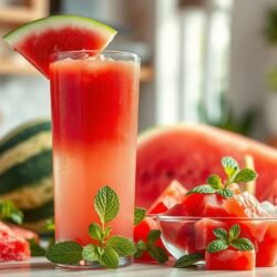 A vibrant still-life composition showcasing the nutritional benefits of watermelon juice. In the foreground, a tall, clear glass brimming with freshly squeezed watermelon juice, condensation glistening on its surface, accompanied by a slice of watermelon resting on the glass's rim. In the middle ground, a colorful arrangement of fresh watermelon cubes, mint leaves, and small bowls containing nutrients like vitamins A, C, and antioxidants, artistically displayed to highlight their importance. The background features a softly blurred kitchen setting with bright, natural lighting pouring in through a window, creating a warm, inviting atmosphere. The overall mood feels refreshing and invigorating, inviting viewers to explore the health benefits of this delicious juice.