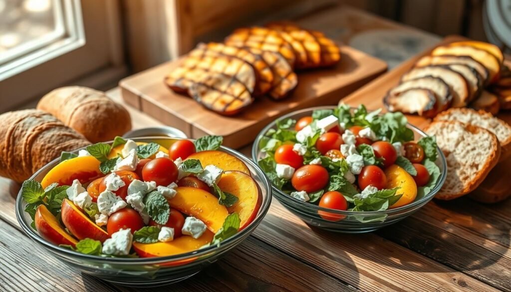 A vibrant summer peach salad serving suggestion beautifully arranged on a rustic wooden table. In the foreground, a large bowl filled with juicy, sliced peaches, mixed greens, cherry tomatoes, and delicate crumbles of feta cheese, garnished with fresh mint leaves. Beside the salad, golden-brown, crusty bread loaves are placed on a wooden cutting board, with a small dish of olive oil for dipping. In the background, perfectly grilled chicken strips are artfully laid out, adding a mouthwatering appeal. The scene is bathed in warm, natural sunlight filtering through a nearby window, creating a cheerful, inviting atmosphere. The angle captures the inviting textures and colors, enhancing the essence of a fresh summer meal ideal for casual dining.