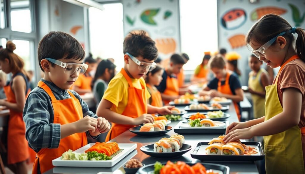 A vibrant sushi factory bustling with children of diverse backgrounds, all wearing bright, matching aprons and safety goggles, engaged in the art of sushi making. In the foreground, two kids carefully roll sushi, their focused expressions illuminated by soft, natural light from large windows. In the middle, colorful ingredients like fresh vegetables and fish are neatly arranged on a long table, while another child artfully garnishes a sushi plate. The background features playful decorations, including sushi-themed murals, emphasizing the fun atmosphere. The composition captures the joy and creativity of culinary innovation, with a warm, inviting mood, encouraging a sense of wonder and cultural appreciation in this lively sushi-making scene.