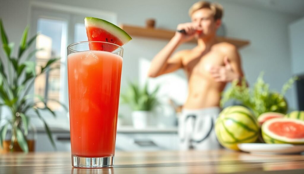 A visually striking composition depicting the health benefits of watermelon juice in relation to weight loss. In the foreground, a vibrant glass of fresh watermelon juice glistens, adorned with a slice of watermelon on the rim. The middle ground features a fit individual in modest athletic wear, enjoying the juice with a satisfied expression, showcasing their toned physique. The background is a bright, sunlit kitchen with green plants and a bowl of fresh watermelons, reflecting a healthy lifestyle. Soft, natural lighting enhances the freshness of the scene, while a slight lens blur focuses attention on the juice and the individual. The atmosphere is uplifting and invigorating, embodying the positive impact of incorporating watermelon juice into daily routines. A visually striking composition depicting the health benefits of watermelon juice in relation to weight loss. In the foreground, a vibrant glass of fresh watermelon juice glistens, adorned with a slice of watermelon on the rim. The middle ground features a fit individual in modest athletic wear, enjoying the juice with a satisfied expression, showcasing their toned physique. The background is a bright, sunlit kitchen with green plants and a bowl of fresh watermelons, reflecting a healthy lifestyle. Soft, natural lighting enhances the freshness of the scene, while a slight lens blur focuses attention on the juice and the individual. The atmosphere is uplifting and invigorating, embodying the positive impact of incorporating watermelon juice into daily routines.