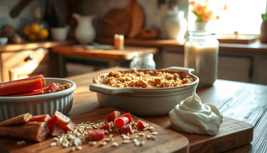 A warm, inviting kitchen scene centered around a freshly baked rhubarb crisp in a rustic ceramic dish, with golden-brown, crisp topping glistening in the morning sunlight. In the foreground, a wooden cutting board displays sliced rhubarb and other ingredients like oats and brown sugar, hinting at a homemade recipe. The middle ground features a cozy wooden table adorned with vintage-style utensils and a glass jar of homemade whipped cream, ready to accompany the dessert. Soft, natural lighting filters in through a nearby window, casting gentle shadows and enhancing the warm tones of the kitchen. The background showcases soft, blurred elements of floral kitchen decor, creating a nostalgic and inviting atmosphere, embodying the essence of spring and comfort food.