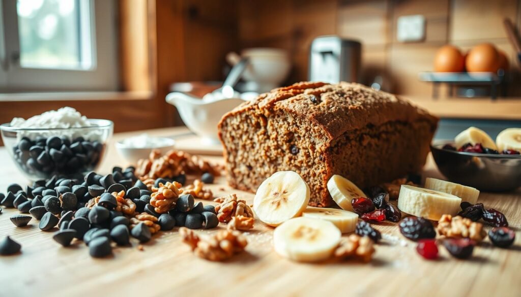 A warm, inviting kitchen scene during the daytime, featuring a wooden countertop with a freshly baked loaf of banana bread as the focal point. Surrounding the loaf are various colorful mix-ins: dark chocolate chips, chopped walnuts, dried cranberries, and slices of ripe banana, creating a burst of textures and colors. In the background, soft natural light filters through a window, illuminating a small bowl of flour and a measuring cup with eggs, hinting at the baking process. The ambiance is cozy and homey, evoking cherished memories of sharing recipes. The composition is shot at a slight angle, focusing closely on the banana bread and mix-ins, capturing the essence of customization in baking. No people are present in the scene.