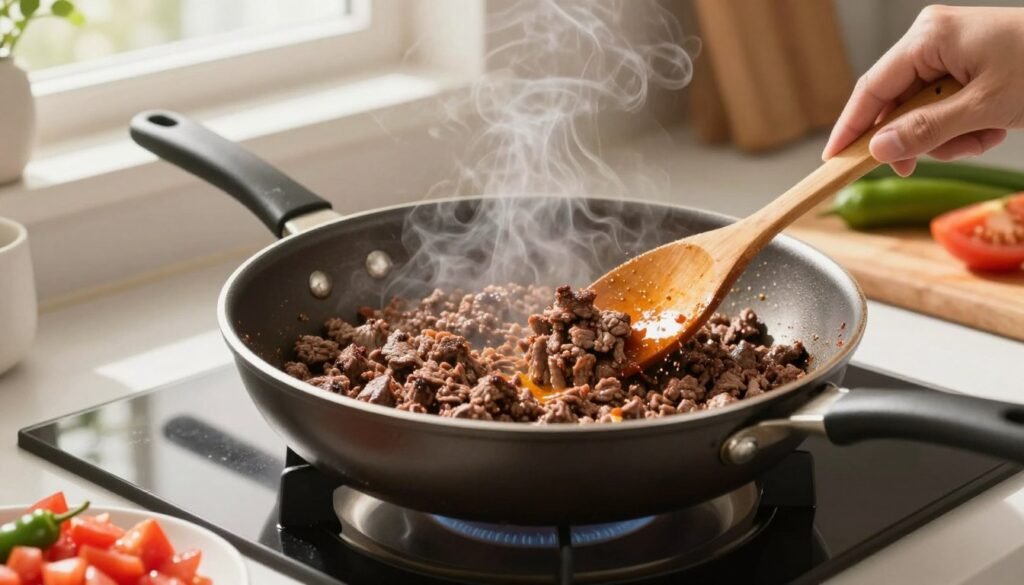 In a cozy kitchen setting, a nonstick skillet sits over medium heat, with sizzling browning ground beef filling the pan. The beef, glistening with seasoning, creates savory steam rising into the bright kitchen atmosphere. A wooden spoon stirs the meat, showcasing the rich, caramelized texture. Nearby, vibrant diced tomatoes and green chilies are visible on a cutting board, hinting at the upcoming Rotel dip. Soft, warm light streams in through a window, casting gentle shadows on the countertop, emphasizing the inviting mood. The scene captures the essence of home cooking, with kitchen utensils in the background, showcasing a casual yet professional environment, ideal for an easy and flavorful snack preparation.