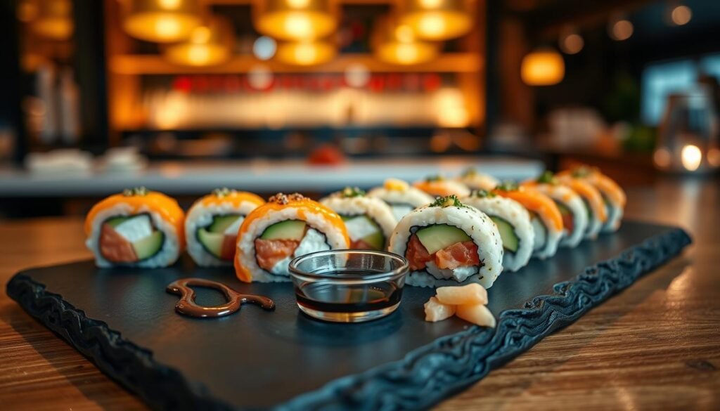 Sushi rolls artfully arranged on a sleek, dark slate platter, showcasing a variety of colorful ingredients: vibrant salmon, creamy avocado, and bright cucumber. The foreground captures a close-up view of the sushi rolls, emphasizing their textures and intricate presentation. In the middle, a delicate drizzle of soy sauce pools next to the rolls, with small bowls of wasabi and pickled ginger adding contrast. The background features a softly blurred ambiance of a stylish sushi bar, illuminated by warm, ambient lighting that creates a cozy atmosphere. A shallow depth of field focuses on the sushi while softly fading the background. The scene evokes a sense of elegance and culinary artistry, perfect for capturing the essence of the sushi aesthetic that's trending online.
