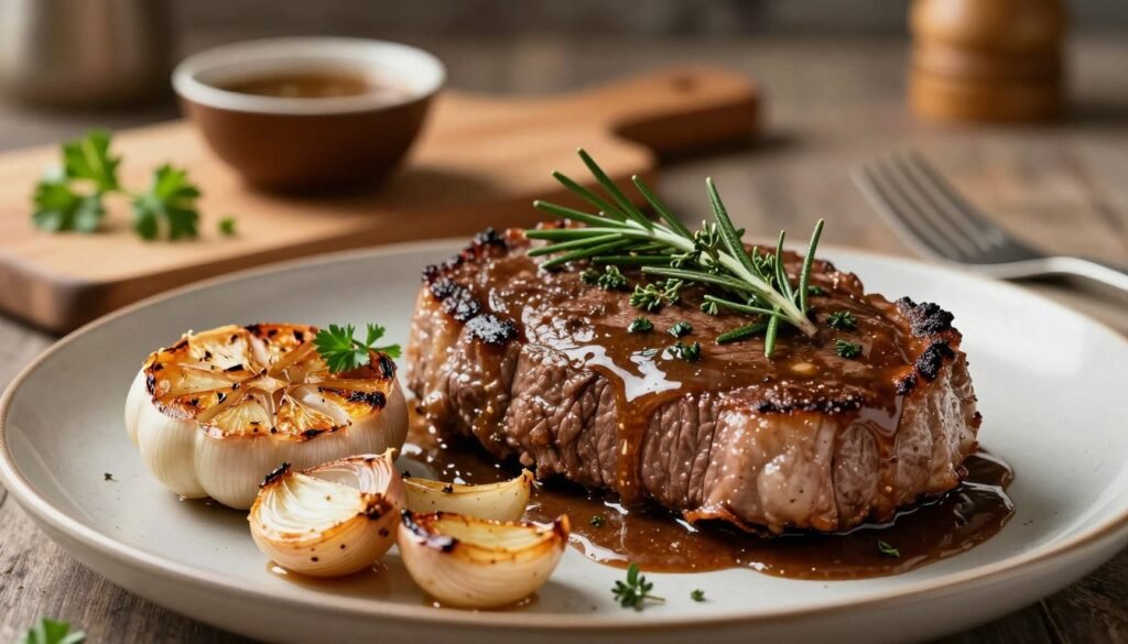 Transforming steak with sauce using fresh herbs and roasted aromatics