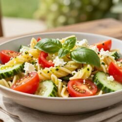 summer pasta salad in a shallow serving bowl