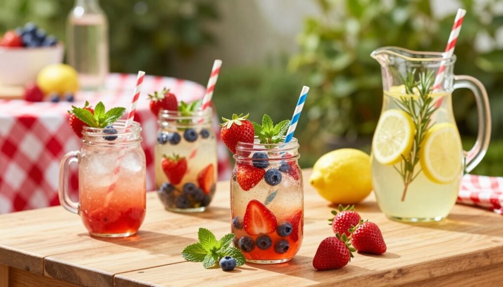 A delightful array of refreshing Memorial Day beverages is elegantly displayed on a sunlit wooden table. In the foreground, colorful cocktails in mason jars feature a vibrant mix of red strawberries, blue blueberries, and fresh mint leaves, embellished with festive paper straws. Nearby, a pitcher of lemonade infused with sliced lemons and sprigs of rosemary glistens in the sunlight. In the middle ground, a charming backdrop includes a checkered tablecloth and a lush garden setting, hinting at a lively BBQ atmosphere. Soft, warm lighting creates a cheerful and inviting mood, enhancing the vivid colors of the drinks. A shallow depth of field captures the focus on the beverages, making them pop against the blurred greenery in the background. The overall scene exudes a celebratory and refreshing ambiance, perfect for a holiday gathering. A delightful array of refreshing Memorial Day beverages is elegantly displayed on a sunlit wooden table. In the foreground, colorful cocktails in mason jars feature a vibrant mix of red strawberries, blue blueberries, and fresh mint leaves, embellished with festive paper straws. Nearby, a pitcher of lemonade infused with sliced lemons and sprigs of rosemary glistens in the sunlight. In the middle ground, a charming backdrop includes a checkered tablecloth and a lush garden setting, hinting at a lively BBQ atmosphere. Soft, warm lighting creates a cheerful and inviting mood, enhancing the vivid colors of the drinks. A shallow depth of field captures the focus on the beverages, making them pop against the blurred greenery in the background. The overall scene exudes a celebratory and refreshing ambiance, perfect for a holiday gathering.