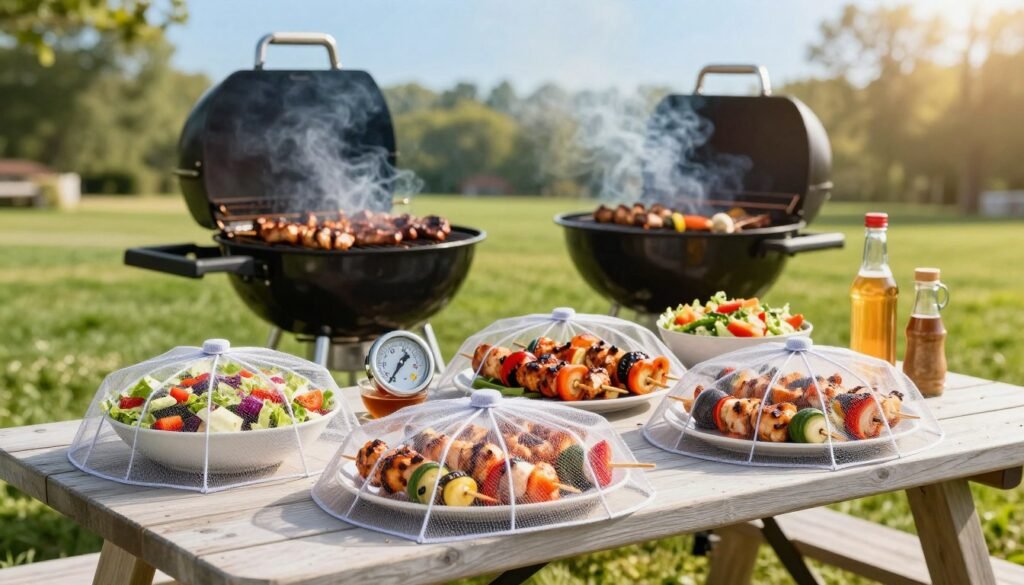 A vibrant outdoor summer BBQ scene focused on food safety best practices. In the foreground, a large, well-organized picnic table laden with grilling favorites like marinated chicken skewers, vegetable kabobs, and colorful salads, each covered with mesh food covers to protect against insects. In the middle, a grill with smoke wafting up, showcasing perfectly grilled meats, while a thermometer is placed prominently to emphasize temperature checks. In the background, a lush green lawn and a clear blue sky bathed in warm sunlight, creating a cheerful, inviting atmosphere. The angle captures the table and grill, highlighting the importance of hygiene and safety outdoors. The overall mood is festive yet responsible, ideal for a memorable summer gathering. A vibrant outdoor summer BBQ scene focused on food safety best practices. In the foreground, a large, well-organized picnic table laden with grilling favorites like marinated chicken skewers, vegetable kabobs, and colorful salads, each covered with mesh food covers to protect against insects. In the middle, a grill with smoke wafting up, showcasing perfectly grilled meats, while a thermometer is placed prominently to emphasize temperature checks. In the background, a lush green lawn and a clear blue sky bathed in warm sunlight, creating a cheerful, inviting atmosphere. The angle captures the table and grill, highlighting the importance of hygiene and safety outdoors. The overall mood is festive yet responsible, ideal for a memorable summer gathering.