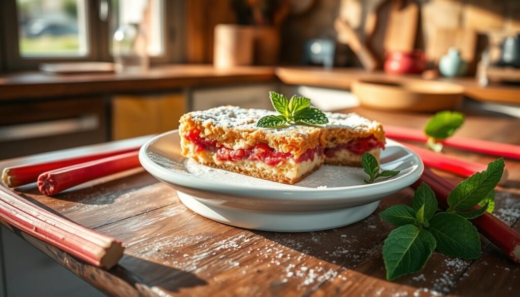 Baked rhubarb bars fresh from the oven