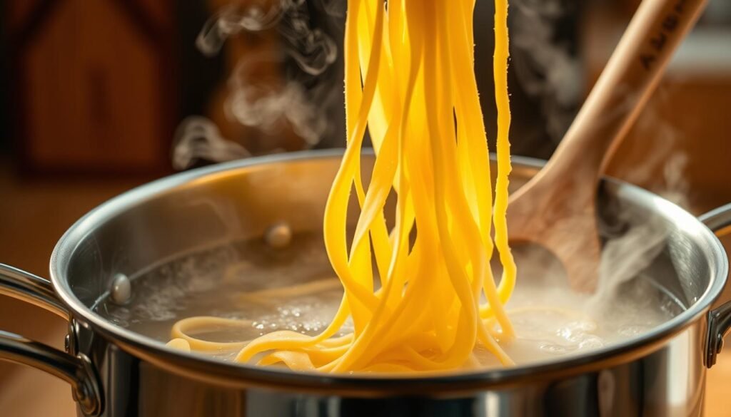 A close-up shot of freshly made pasta being gently lowered into a pot of simmering, lightly salted water. Soft, delicate strands of homemade fettuccine, their golden hue glistening under warm, diffused lighting. Steam rises, creating a hazy, atmospheric effect. The pasta's natural texture and irregular shapes are clearly visible, conveying a sense of artisanal craftsmanship. The pot's stainless steel exterior reflects the kitchen's wooden surfaces and utensils, establishing a cozy, inviting ambiance. The scene exudes the comforting aromas of a homemade pasta dish, setting the stage for a satisfying culinary experience. A close-up shot of freshly made pasta being gently lowered into a pot of simmering, lightly salted water. Soft, delicate strands of homemade fettuccine, their golden hue glistening under warm, diffused lighting. Steam rises, creating a hazy, atmospheric effect. The pasta's natural texture and irregular shapes are clearly visible, conveying a sense of artisanal craftsmanship. The pot's stainless steel exterior reflects the kitchen's wooden surfaces and utensils, establishing a cozy, inviting ambiance. The scene exudes the comforting aromas of a homemade pasta dish, setting the stage for a satisfying culinary experience.