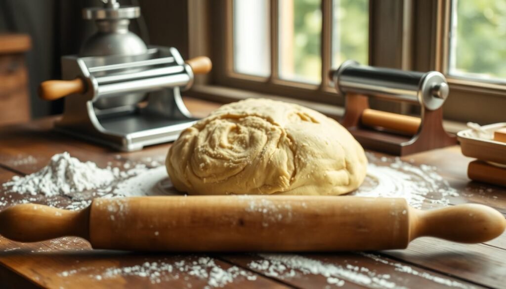 A freshly kneaded mound of homemade pasta dough rests on a rustic wooden table, dusted with a light coating of flour. The dough's golden hue and supple texture are highlighted by soft, diffused natural lighting filtering in through a nearby window. In the foreground, a well-worn rolling pin stands ready to flatten the dough into thin, even sheets. The mise-en-place includes a small pile of semolina flour and a vintage stainless steel pasta maker, conveying a sense of homespun, artisanal craftsmanship. The overall scene evokes a cozy, inviting atmosphere, perfect for an authentic, step-by-step homemade pasta tutorial. A freshly kneaded mound of homemade pasta dough rests on a rustic wooden table, dusted with a light coating of flour. The dough's golden hue and supple texture are highlighted by soft, diffused natural lighting filtering in through a nearby window. In the foreground, a well-worn rolling pin stands ready to flatten the dough into thin, even sheets. The mise-en-place includes a small pile of semolina flour and a vintage stainless steel pasta maker, conveying a sense of homespun, artisanal craftsmanship. The overall scene evokes a cozy, inviting atmosphere, perfect for an authentic, step-by-step homemade pasta tutorial.