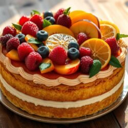 A mouthwatering, ornately decorated cake sits upon a rustic wooden table, its top adorned with an array of vibrant, juicy fruits. The cake's golden-brown sponge is layered with a rich, creamy frosting, contrasting beautifully with the fresh berries, sliced peaches, and glistening citrus segments that cascade over the edges. Soft, natural lighting casts a warm glow, highlighting the cake's intricate design and the tempting textures of the fruit. The scene exudes a sense of homemade indulgence, inviting the viewer to imagine the satisfying flavors of this delectable, timeless dessert.