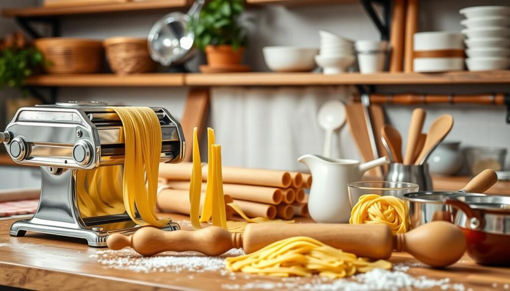 Image of a kitchen with various pasta making tools Image of a kitchen with various pasta making tools
