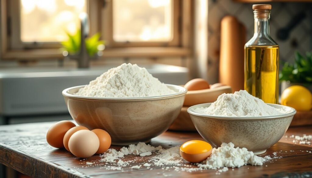 Image of flour, eggs, and olive oil on a kitchen counter Image of flour, eggs, and olive oil on a kitchen counter