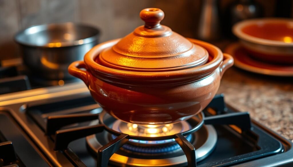 Moroccan clay tagine pot on a stovetop with a heat diffuser